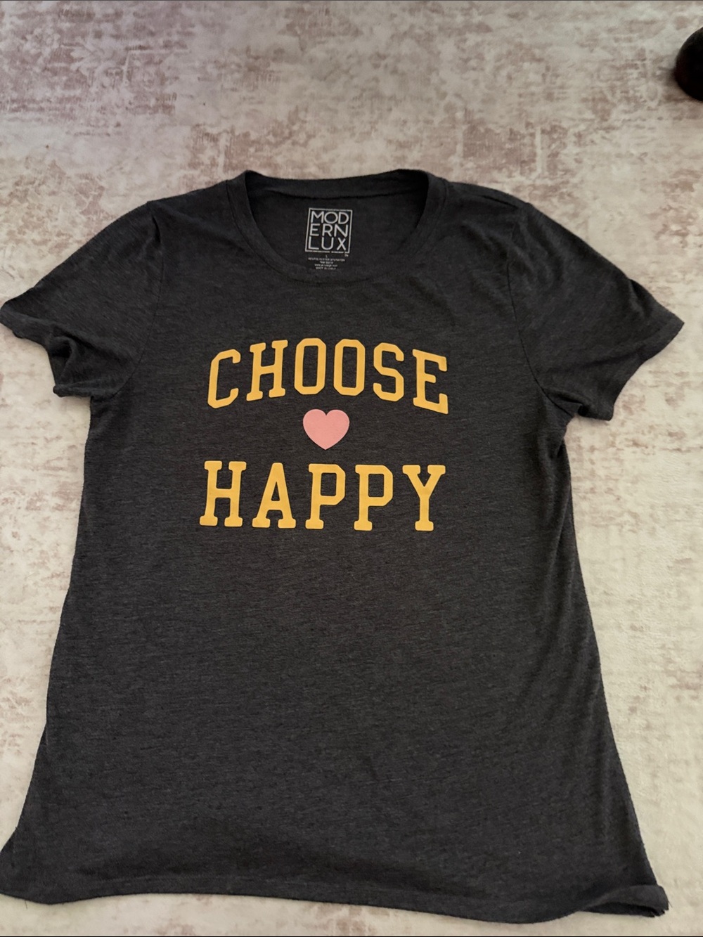 Modern Lux Charcoal Short-Sleeve Tee with Yellow Lettering and Pink Heart